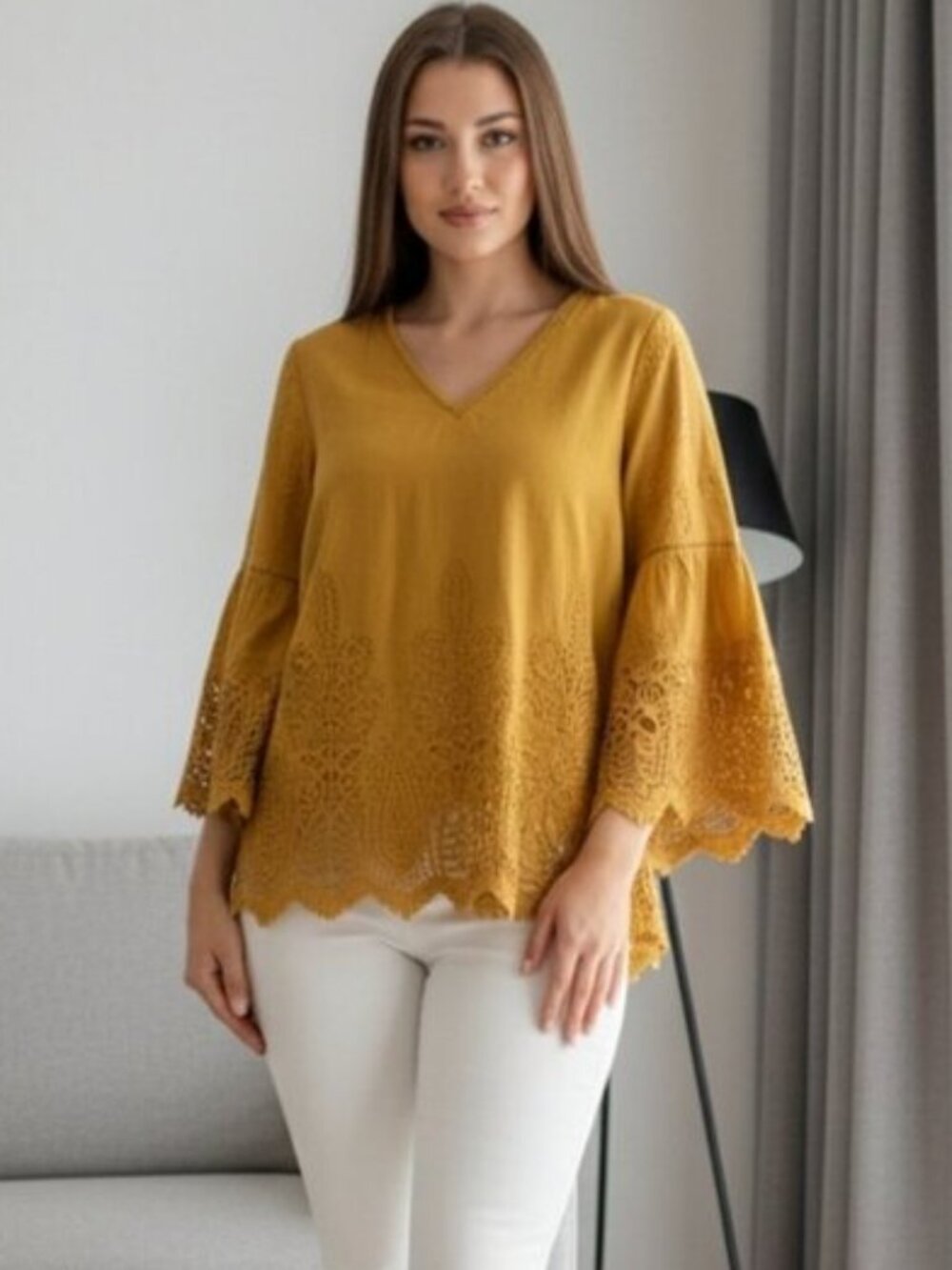 Chico's SZ 1/8/10 Dark‎ Yellow Embroidered Bell Sleeve V-Neck Lace Victorian Top